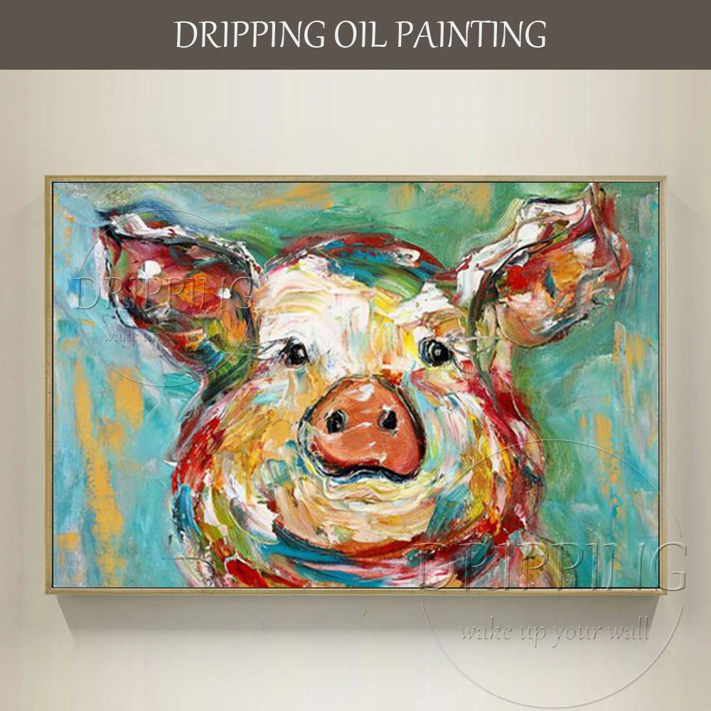 油絵 みーちゃん確認 頭に花をのせた豚 油絵 みーちゃん確認 頭に花を