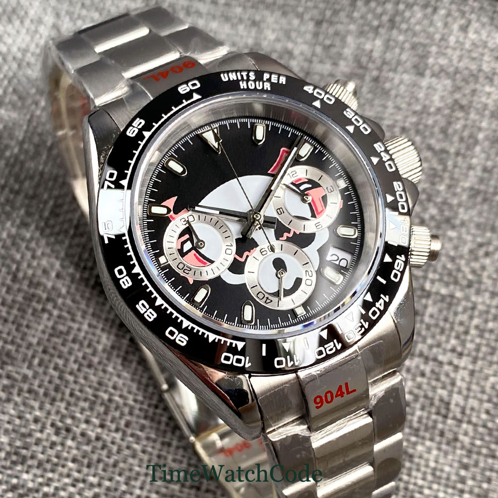 Tandorio 39mm Quartz VK63 Chronograph Panda Crocodile Fashion