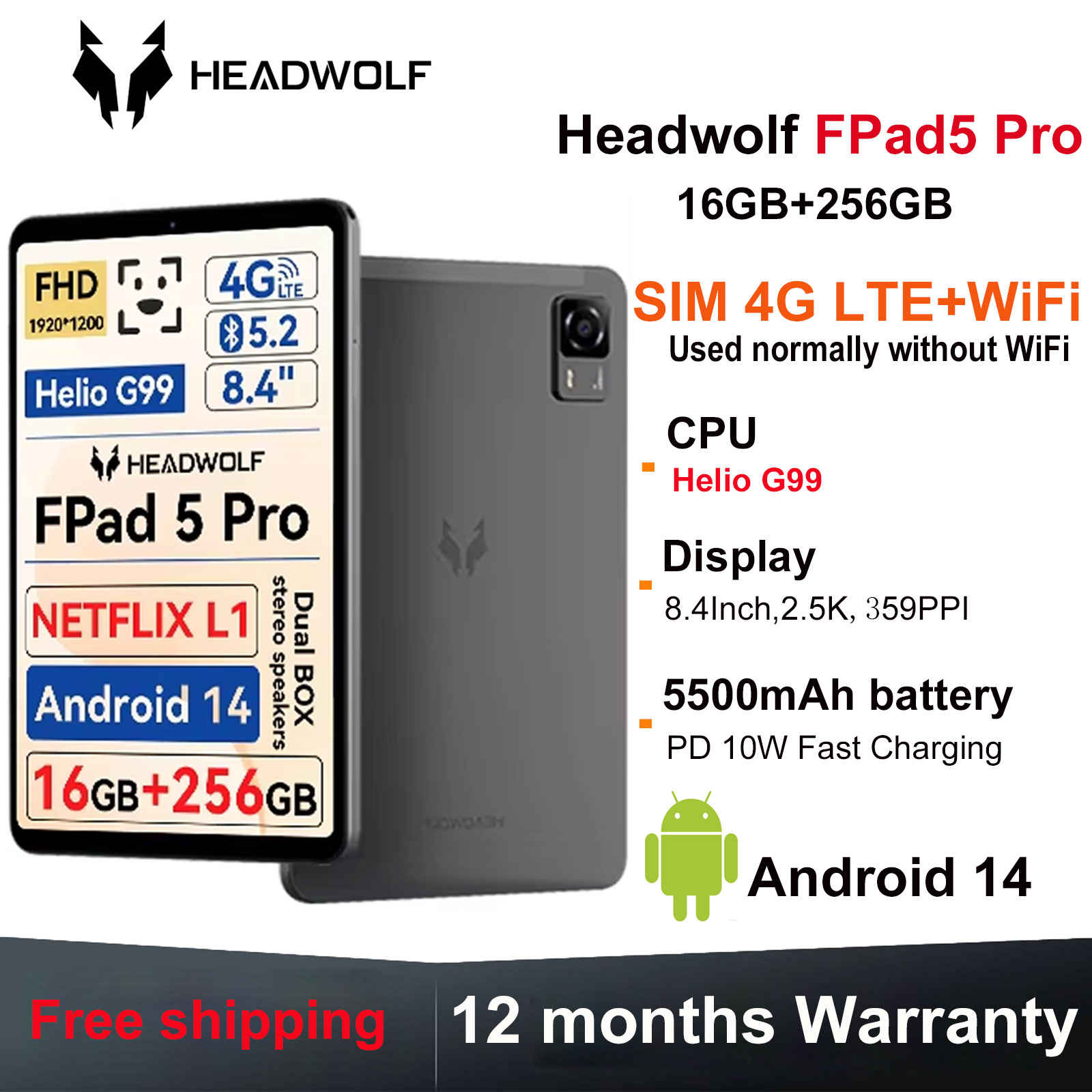 Headwolf-Tablet PC FPad5 Pro,android 14,8.4インチ,最大16 RAM,256GB