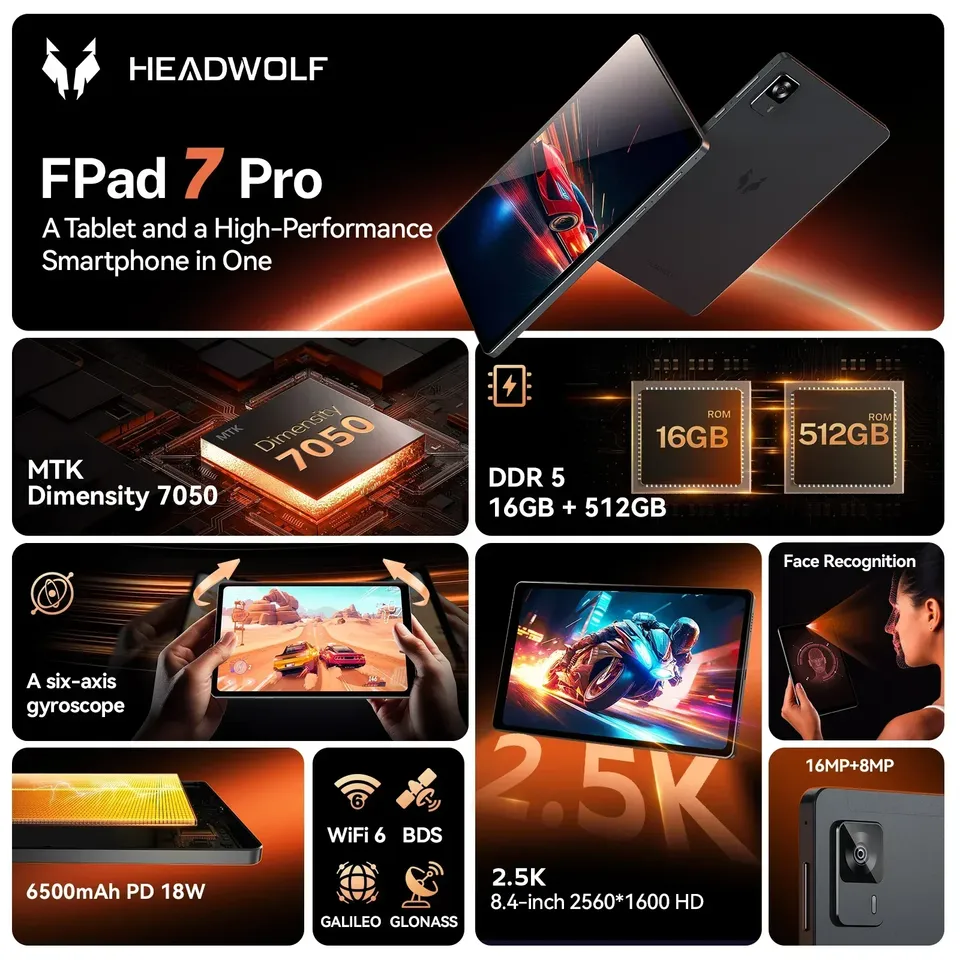 Headwolf FPad7 PRO Android 15 Tablet 8 inch 2.5K HD Max 16GB+512GB