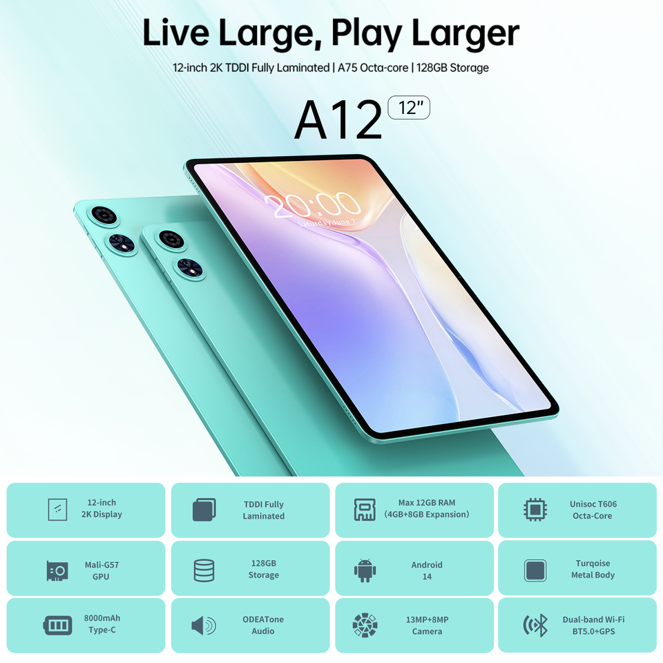 New】Odea A12 Tablet, 12 Inch Tddi 2K 2000X1200, Android 14, (4Gb+