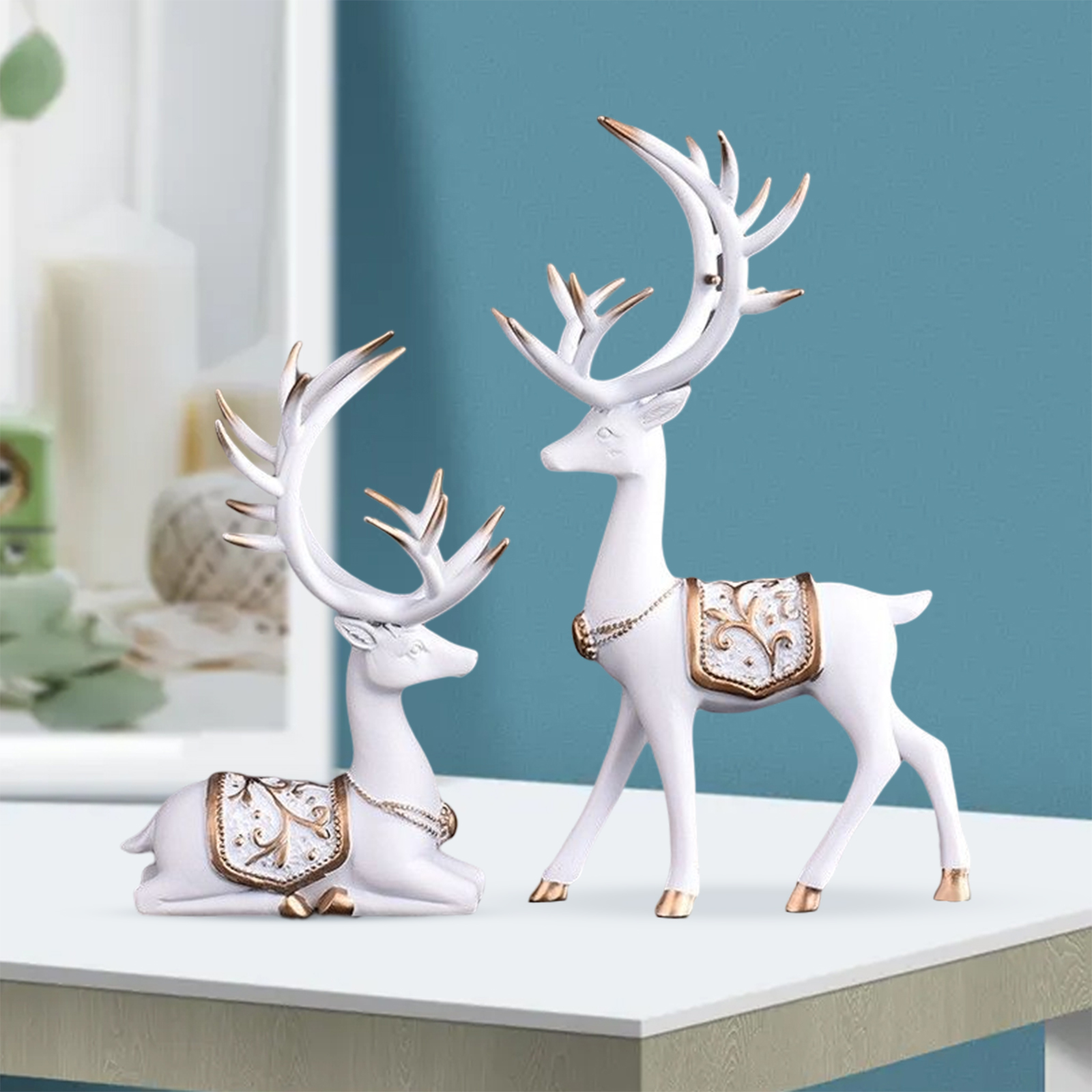 木製親子シカ彫刻 約