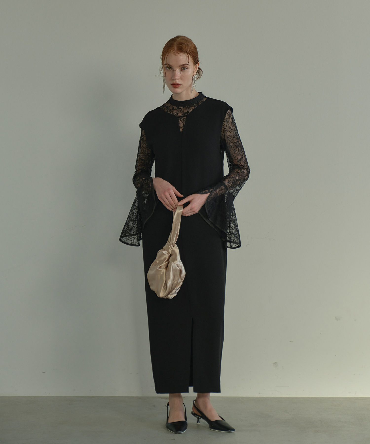 スーツ・フォーマル・ドレス ANDRESD bell sleeve slit dress L brown