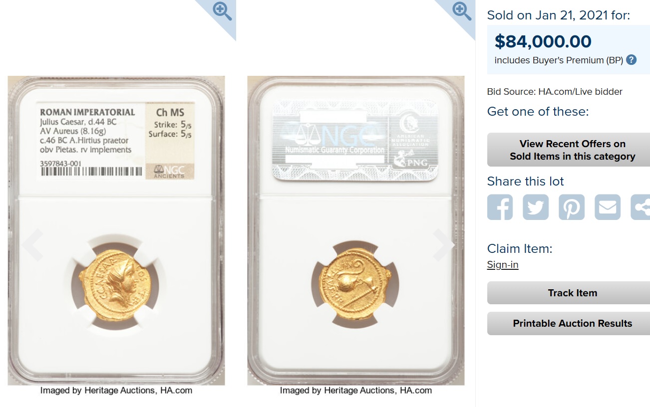 極上の1枚】古代ローマ帝国ユリウス・カエサル アウレウス金貨【AU☆5