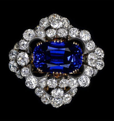 ブルーサファイアとダイヤモンドのアンティークブローチ（花、1930s