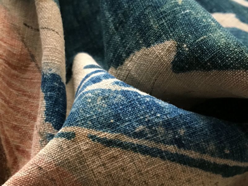 古布 藍染木綿 桐に鳳凰 筒描き 5巾 藍染グリーン - 生活骨董と古布の