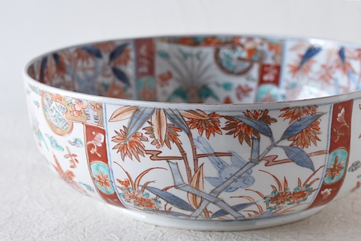 大きな器【m183 麒麟鳳凰窓絵二重高台吉祥染付色絵平鉢骨董】
