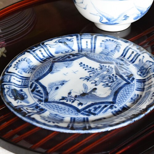 専用！古染付 桜 虫 菊 牡丹 花頭と、鳥の図芙蓉手古染付皿、合計2枚