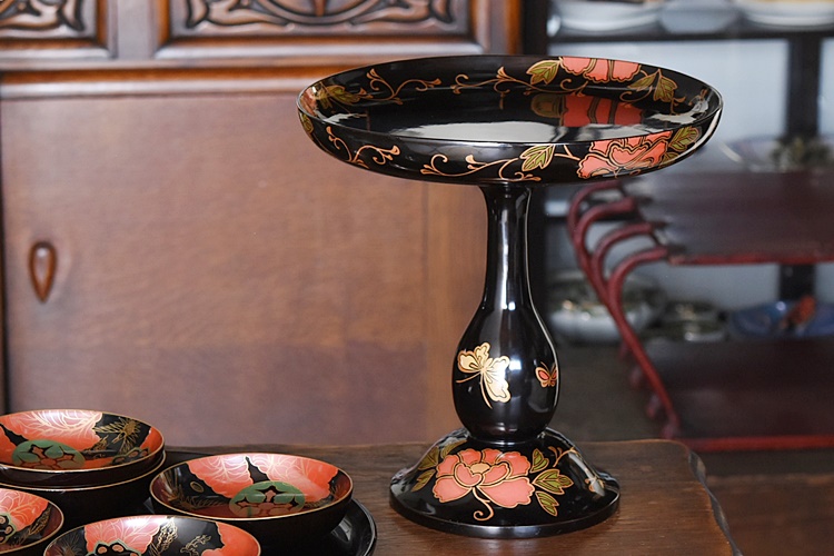 江戸後期〜明治期高級茶道具木箱付アンティーク木黒漆塗 草花蒔絵 提梁蓋付