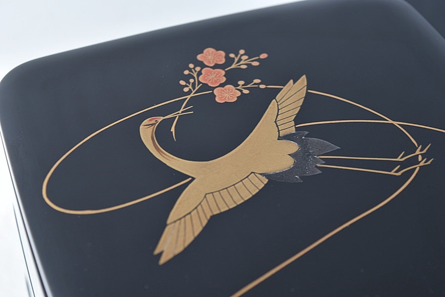 輪島塗 寿鶴蒔絵 黒漆七ツ揃屠蘇器 鶴松竹梅 重箱など七点セット 在銘