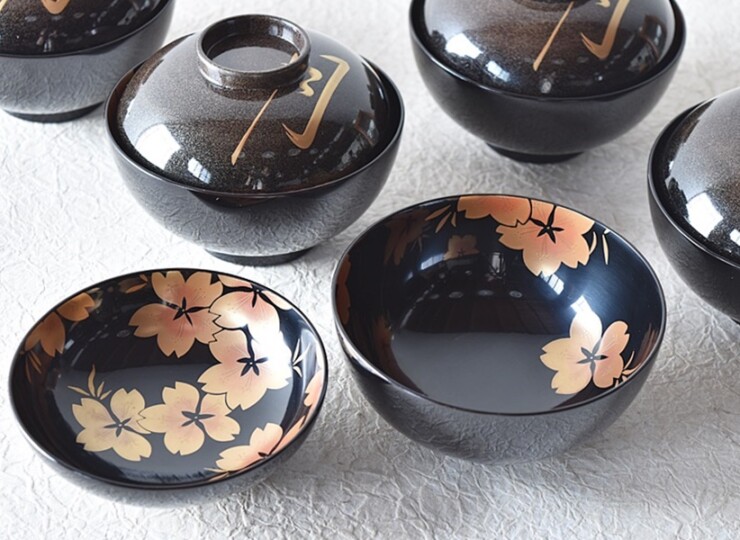 輪島塗 天然木製漆塗 雪月花 吸物椀 5客 見返し図桜 野義商會 - 生活