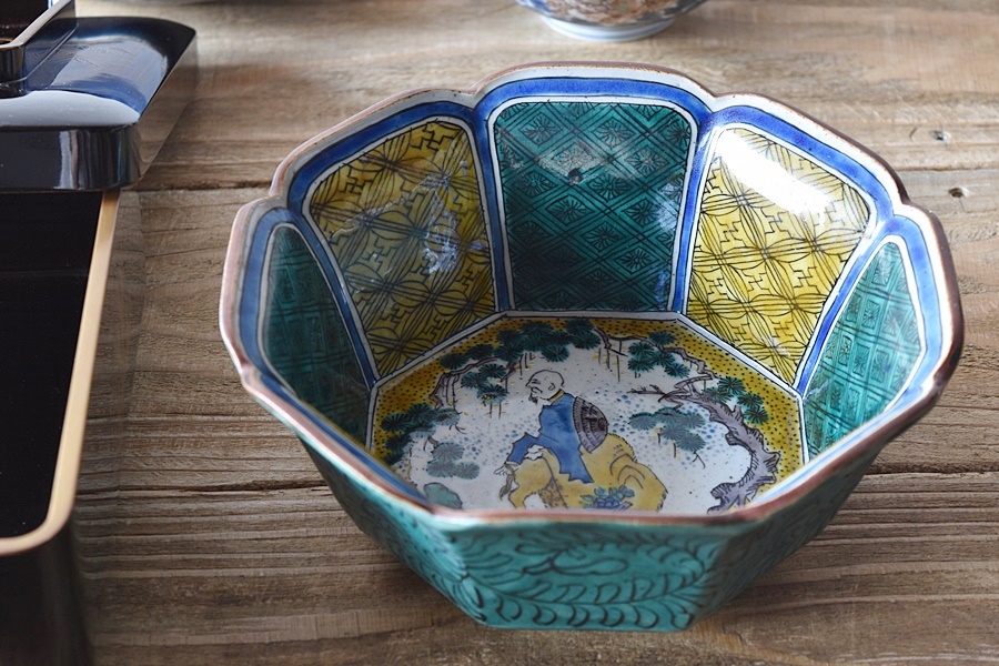 九谷 庄三 角福銘 極彩色 鶉図 八角 深鉢 加賀 古九谷 茶道具 菓子器