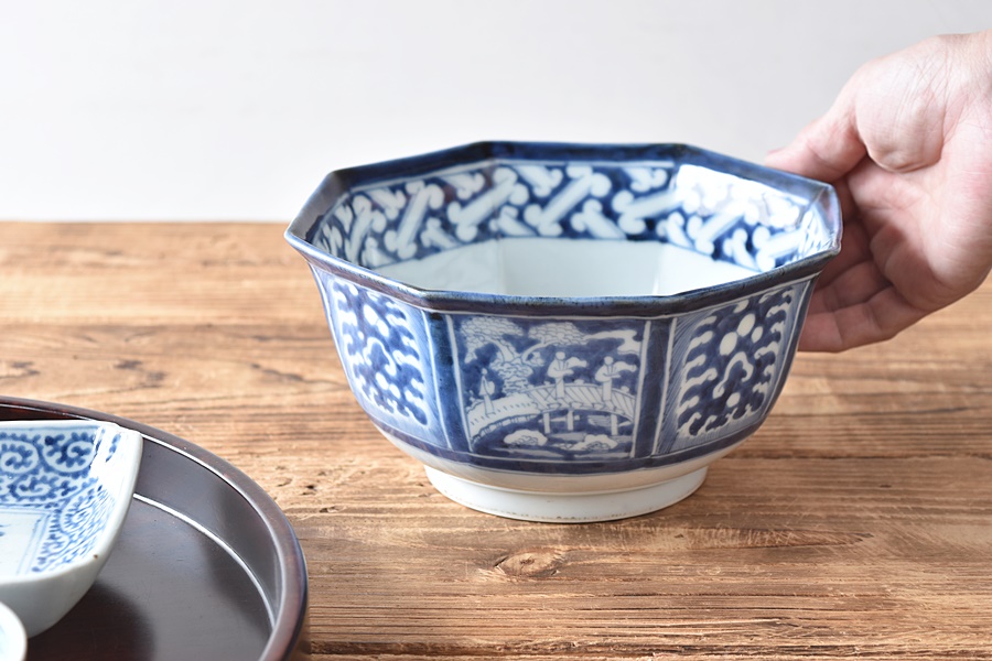 古伊万里 染付三つ鉢 山水風景文 手描き 明治骨董 古美術品 蒐集家放出