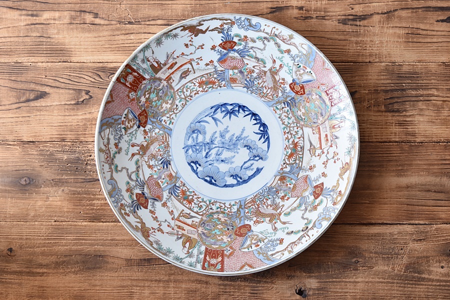 古伊万里文】古伊万里伝統 古伊万里文 極錦三方割鶴亀松梅鳳凰見込文