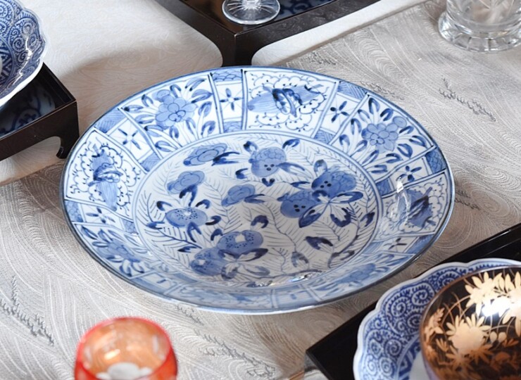 骨董 アンティーク 初期伊万里 陶片 染付 芙蓉手 蝶々 五寸皿 残欠