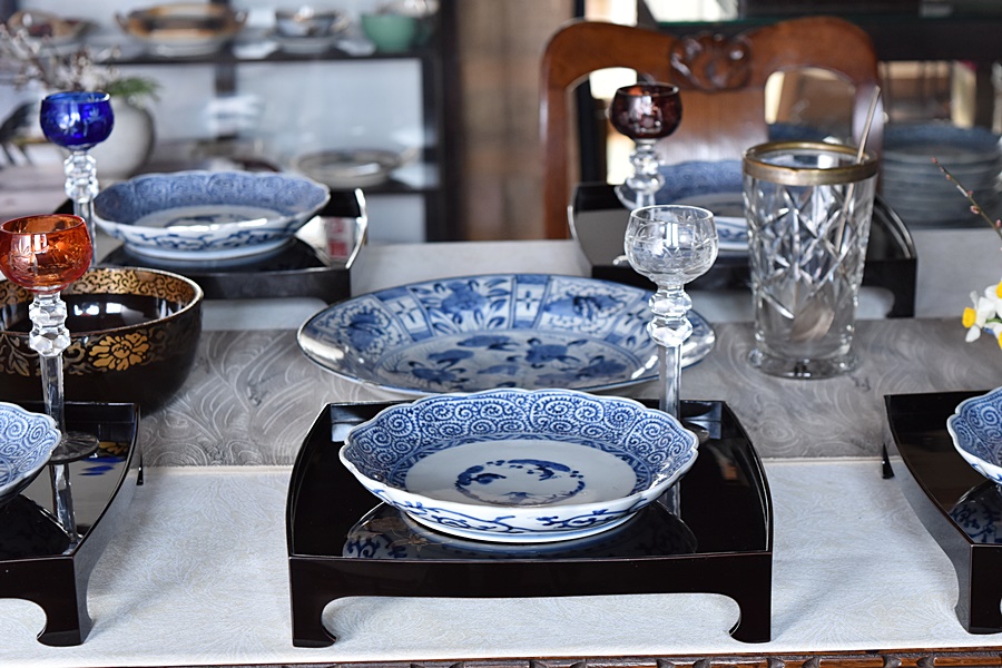 y033 古伊万里 染付 微塵唐草 七寸皿 5枚 太明成化年製 輪花縁 y033 古