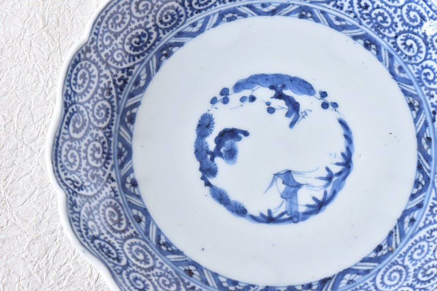 古伊万里 染付 蛸唐草紋 輪花 豆皿 手塩皿 古伊万里 染付 蛸唐草紋 輪