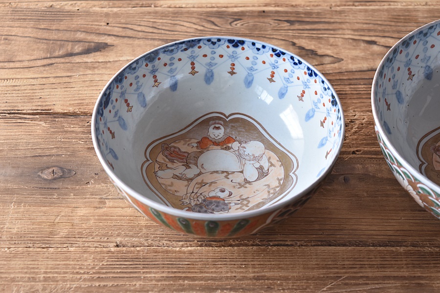 伊万里 色絵 布袋唐子図 瓔珞模様 三つ鉢 小 - 生活骨董と古布の