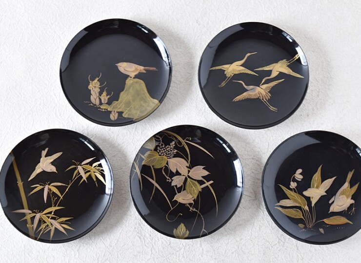 CM226】時代木製漆器 扇牡丹 金蒔絵 朱塗 木皿 小皿 五客 天然木 CM226