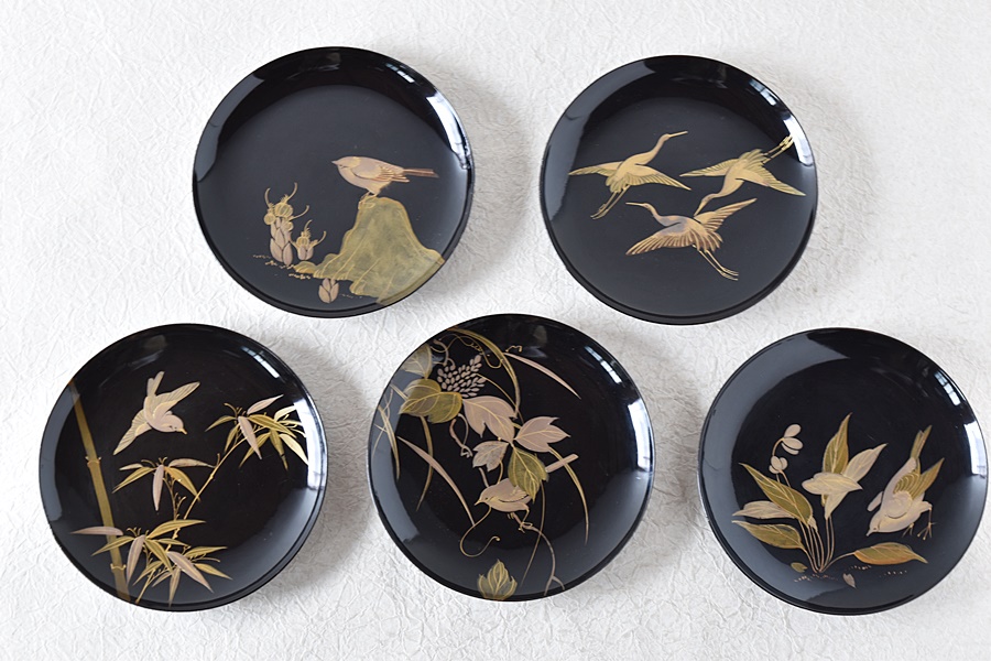 菓子器 取り皿 鶴 天然木 本漆器 明治期 時代物 骨董 菓子器 取り皿 鶴