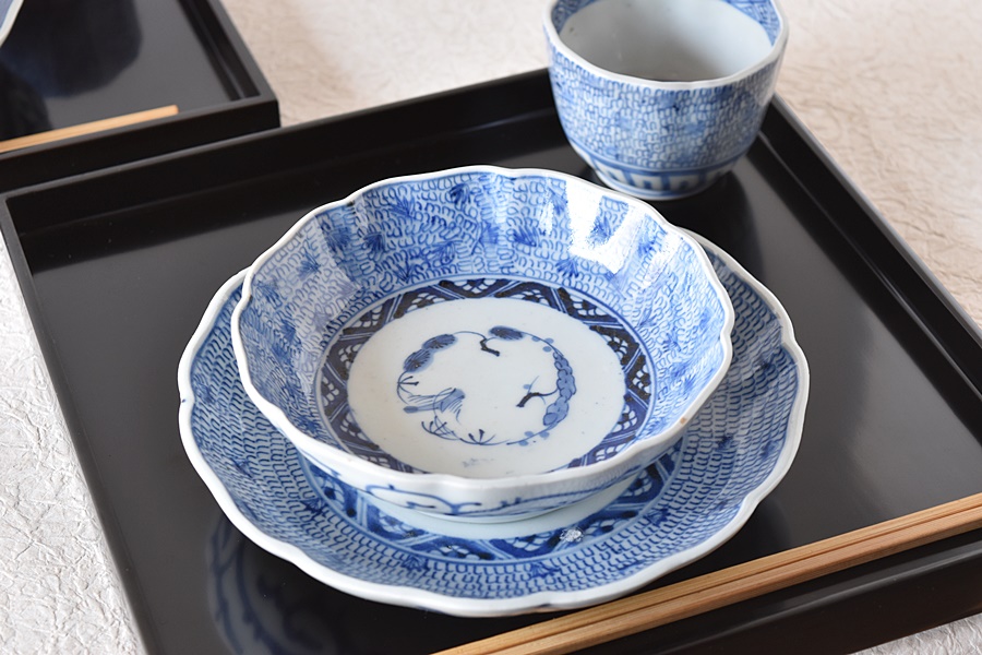 古伊万里染付微塵唐草の図膾皿3客E980AS-CUx