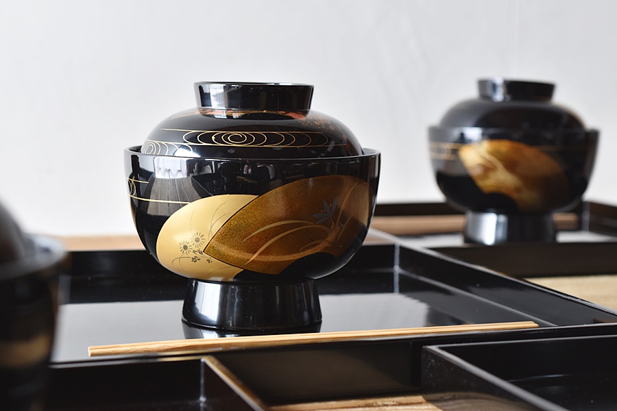 BJ125 時代漆器 輪島塗 瓢箪図蒔絵 吸物椀 四客 木製 細密 時代漆器 輪島塗