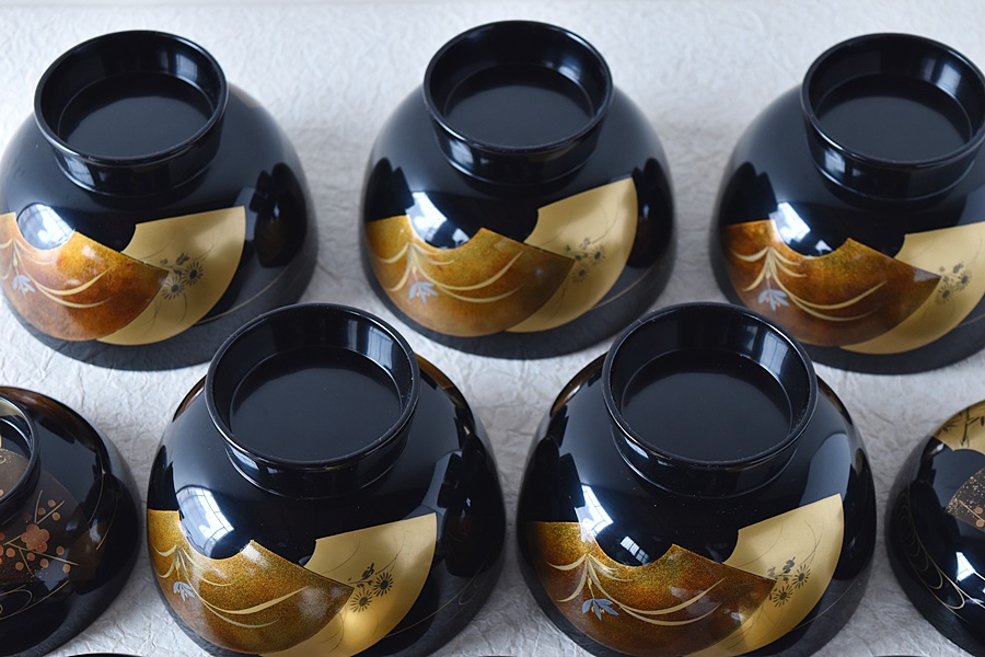 輪島塗 扇面蒔絵 松竹梅蘭菊 流水 雑煮椀 5客セット - 生活骨董と古布