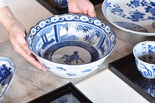 古伊万里 染付 麒麟 松竹梅 輪花型鉢 - 生活骨董と古布のアンティーク