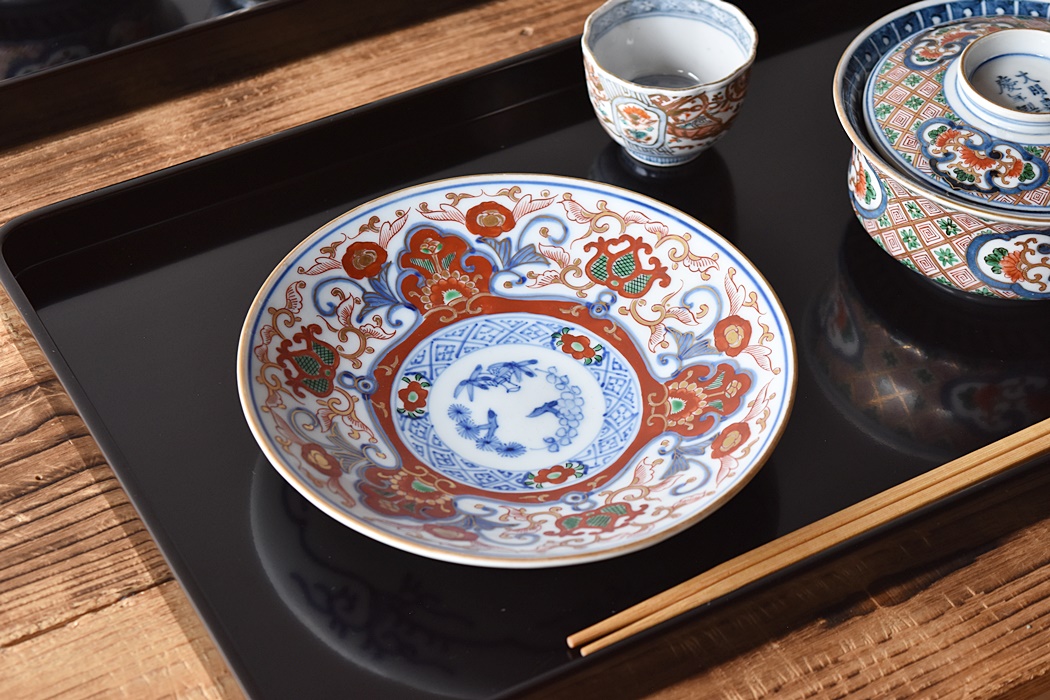 小皿□古い伊万里赤絵 鶴 松竹梅 窓花唐草紋 6枚 骨董品(江戸後期