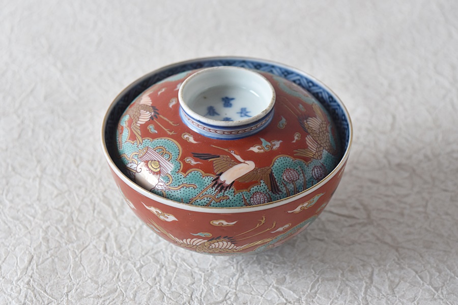 古伊万里 赤絵 鶴宝尽くし 富貴長春 大振り蓋茶碗 - 生活骨董と古布の