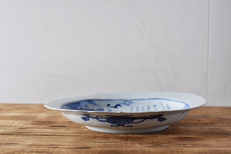 古伊万里 染付 赤壁賦 陽刻 太明成化年製文 輪花型楕円変形大皿 - 生活