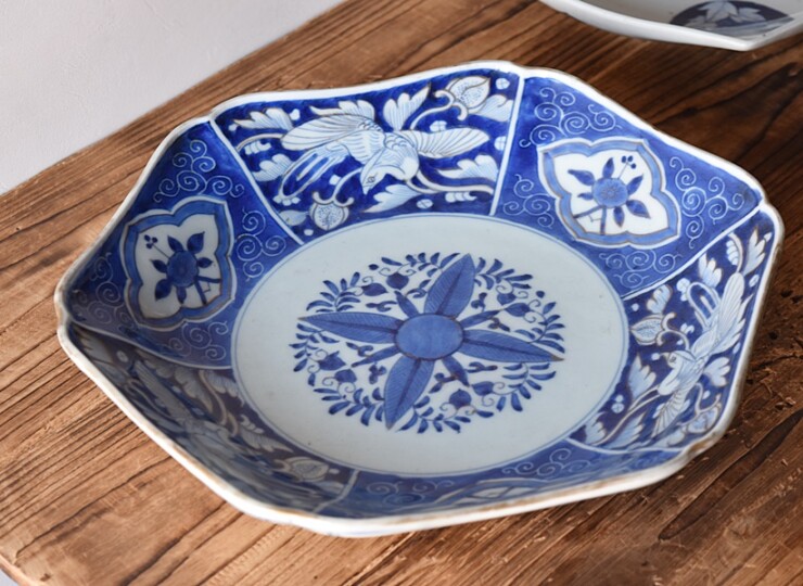 中国骨董 アンティーク 祥瑞 花文 輪花皿 六角隅入 五寸皿 小皿 角福