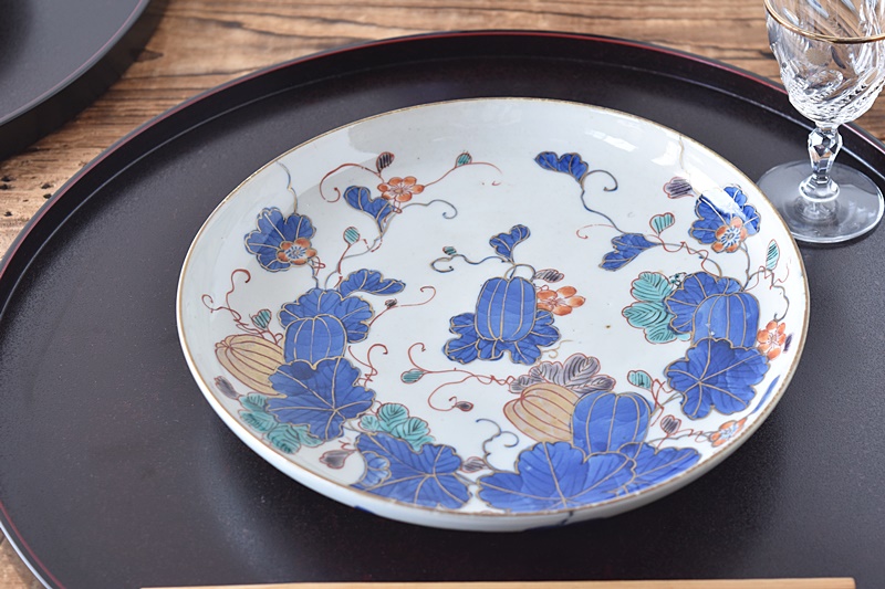 骨董 アンティーク 藍九谷 蛸唐草 花月文様 五寸皿 初期伊万里 古