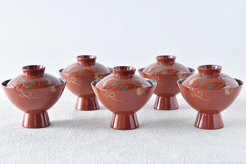 良品】輪島塗 五島屋謹製 見返し鉄線蒔絵 亀甲型 吸物椀5客 汁椀 漆器/食器