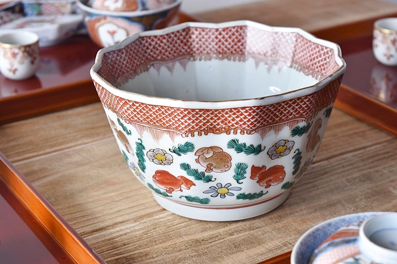 古伊万里焼 色絵 金彩 鉢 盛鉢 十角 古伊万里 色絵 金魚 水草と