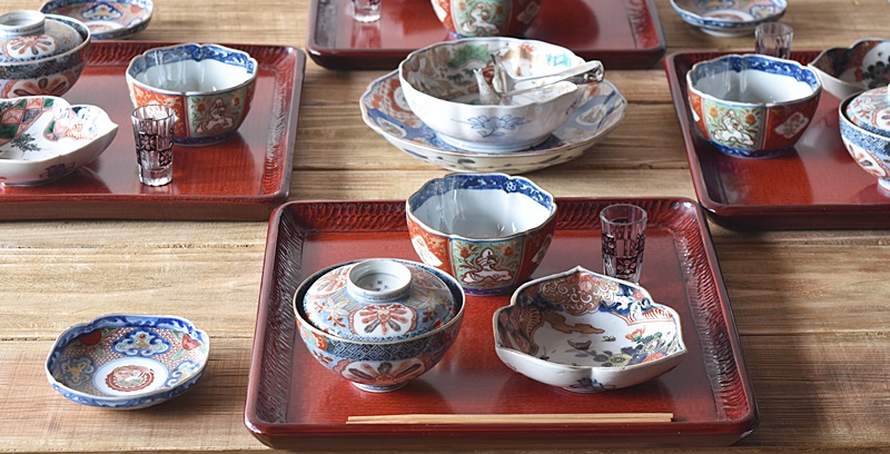 冨貴長春 蓋付茶碗 錦絵 染付 金彩 古伊万里 7客 吉祥 1客に金継ぎ有り