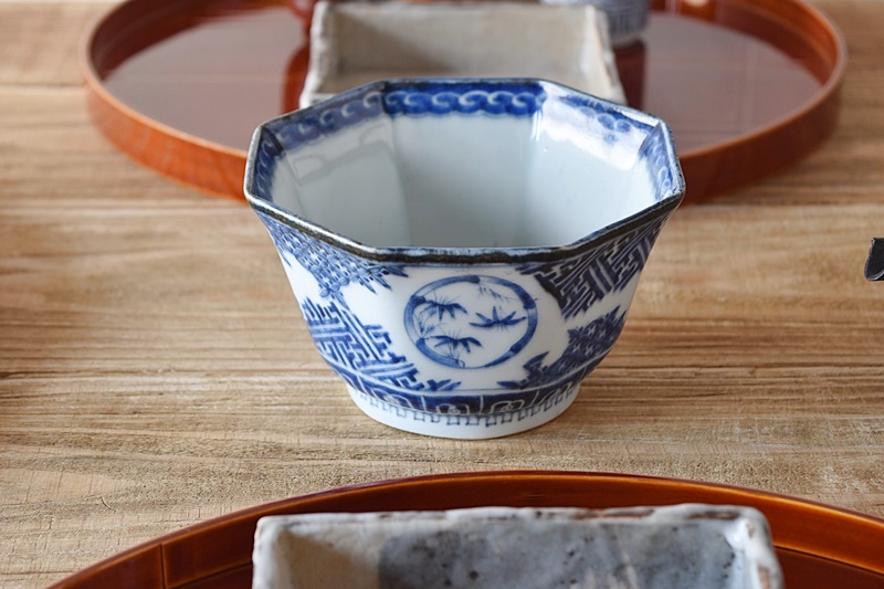 古伊万里 染付 丸文松竹梅 角福 八角鉢 - 生活骨董と古布の