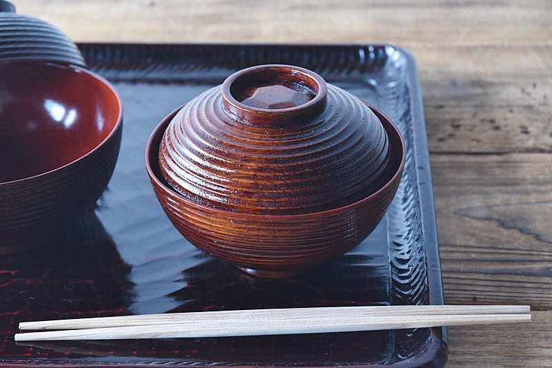 洗朱蒔絵 蓋付き吸い物椀 9客 堅地家具師 文吉作 昭和初期 木製 手作り