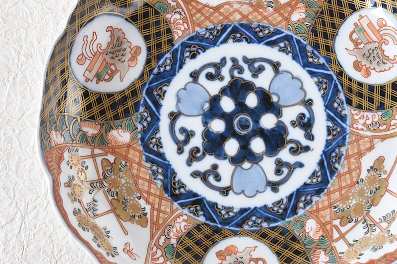 骨董 アンティーク 古伊万里 瑠璃 輪花皿 七寸皿 瑠璃釉 輪花縁 骨董