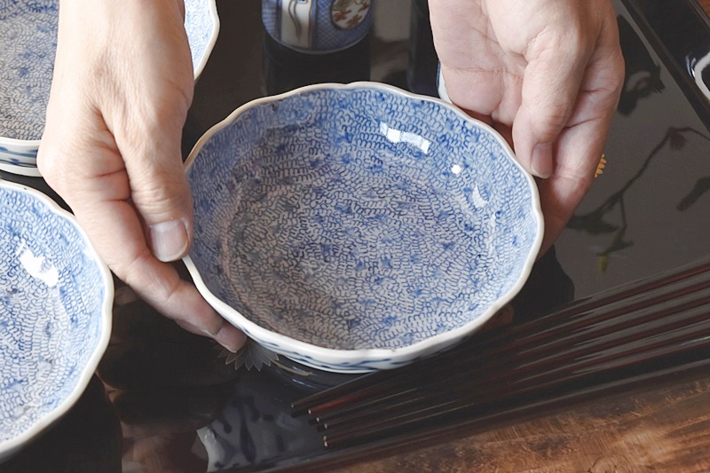 肥前伊万里焼 古伊万里 染付 丸紋 輪花皿 六客 時代箱付 C R8170 肥前