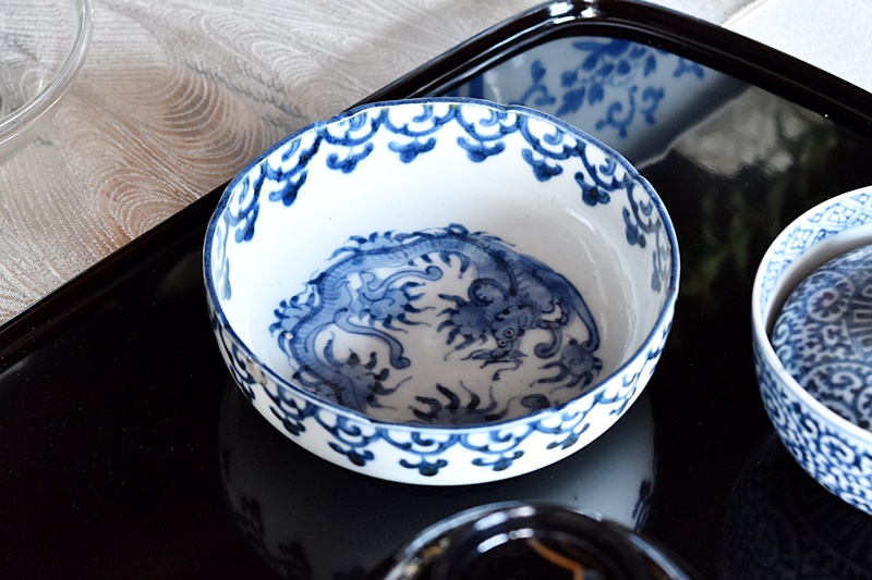 古伊万里 染付 龍 瓔珞模様 輪花型 膾皿 4客セット - 生活骨董と古布