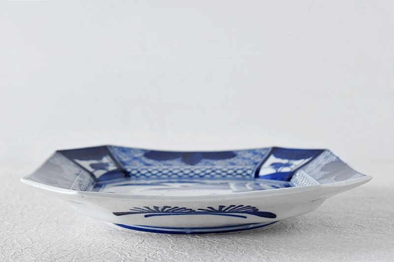 伊万里 染付 ベロ藍 風景画 隅切り四方皿 - 生活骨董と古布の