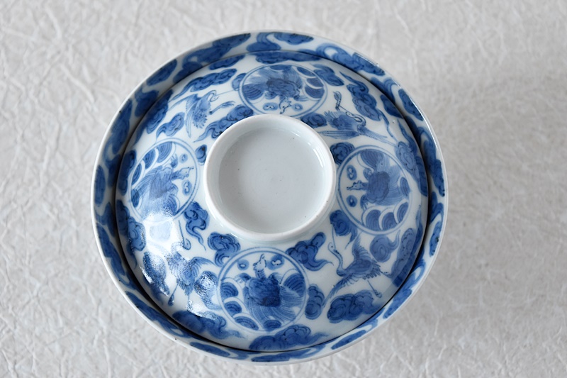 江戸時代後期 古伊万里 染錦 雲鶴 15羽図 蓋付 キャンディーポット