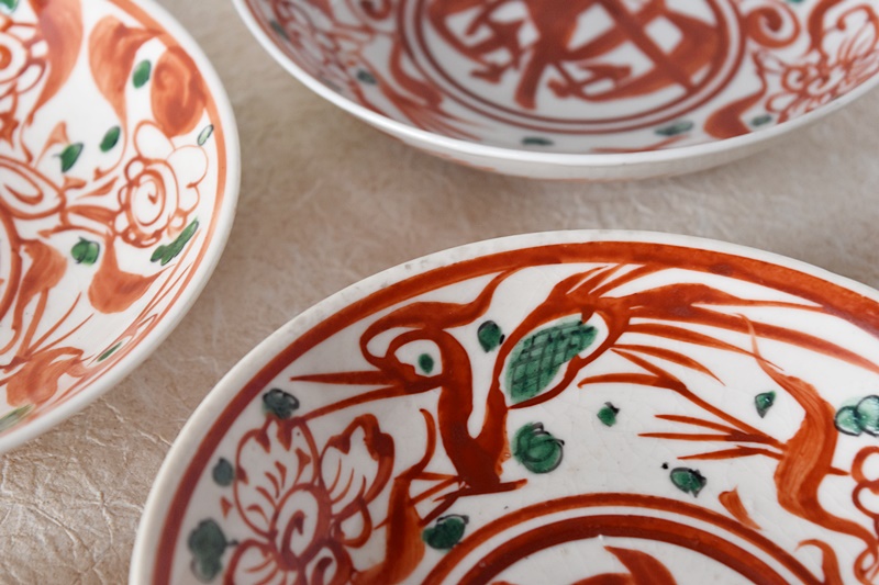 九谷 呉須赤絵花鳥魁字 角福文 5.5寸皿 5枚セット - 生活骨董と古布の