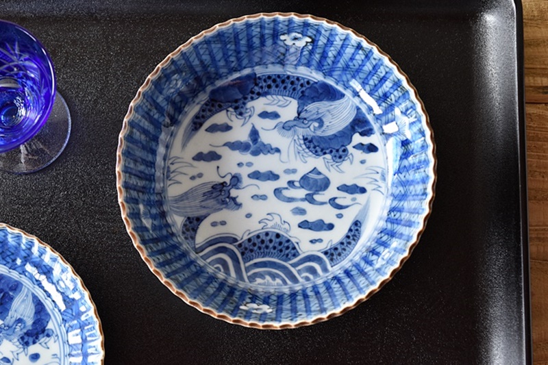 580『染付 雲龍文 皿』変わった銘 /骨董品 古美術 古玩 アンティーク 580『