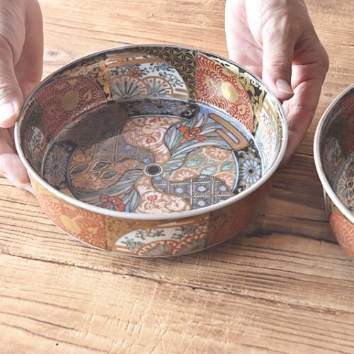 ○e3001 古伊万里 色絵 鉢 径22cm 二重高台 きなこ e3001 古伊万里 色絵