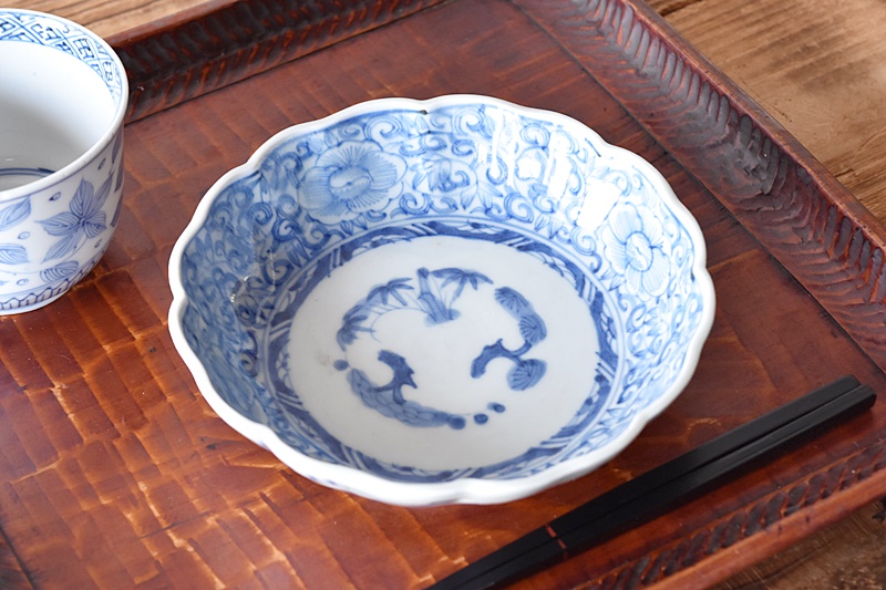 古伊万里 染付 蛸唐草に松竹梅の図 膾皿 2客 江戸期 E913AS-CSy 古