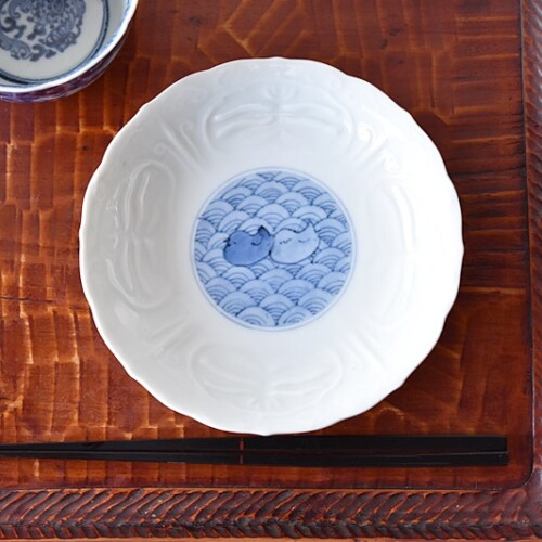 骨董 古伊万里 瀬戸 白磁 染付 波フチ 希少 陽刻 めで鯛 手塩皿 豆皿