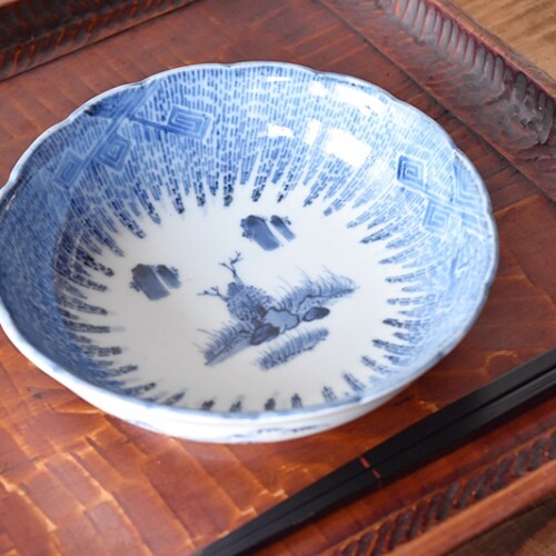 古伊万里 染付 江戸印判 雨降り雷文 角福 輪花型 膾皿 6客セット