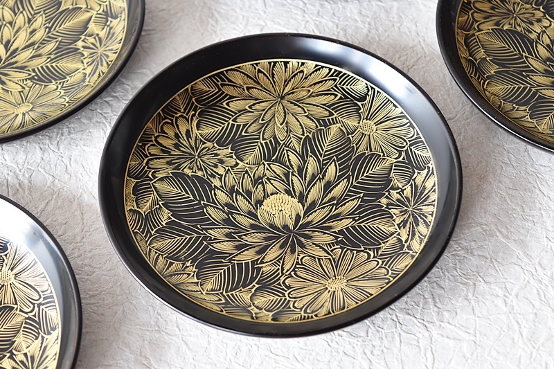 CM248】時代木製漆器 松竹梅 金蒔絵 朱塗 引盃 五客 木製漆器 小皿 【